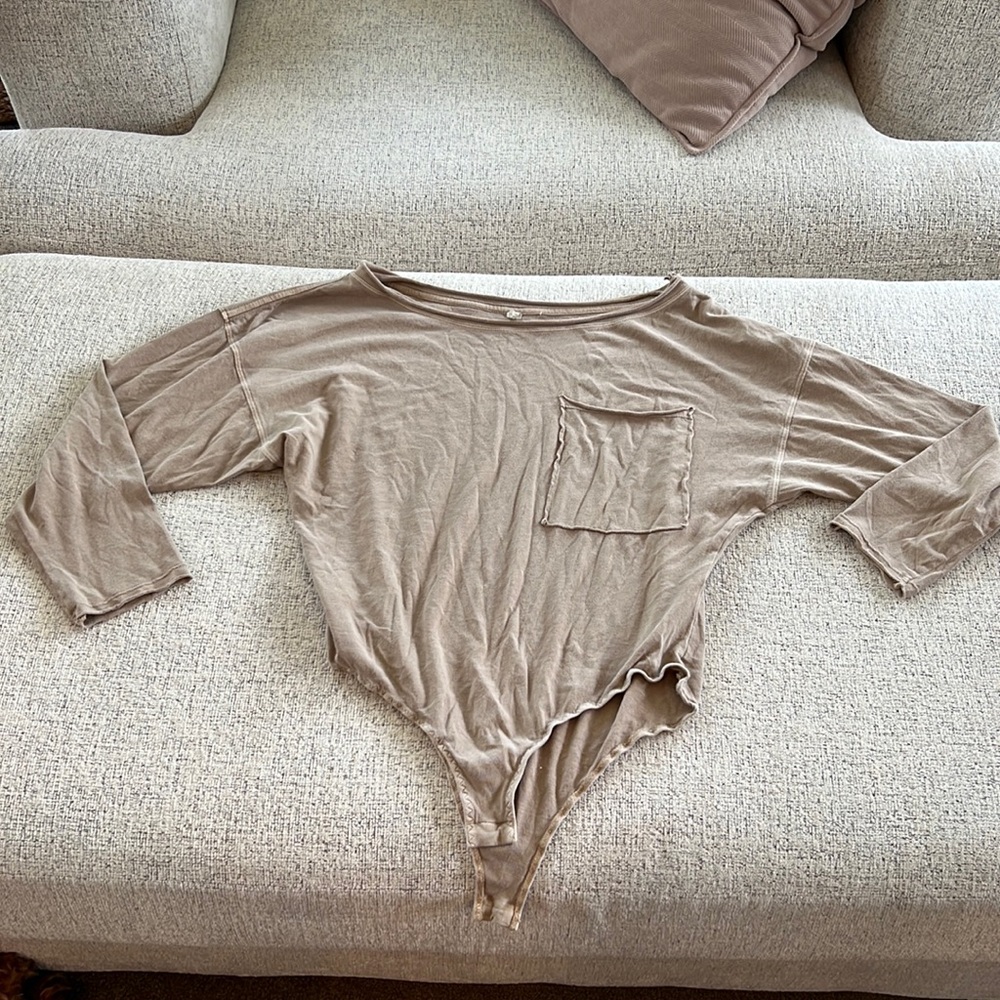 Free People Taupe Long Sleeve Bodysuit